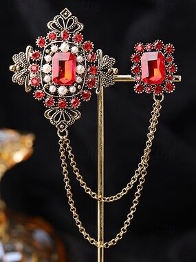 Anthropologie Gold-Tone Red Crystal and Pearl Decorative Chain Brooch